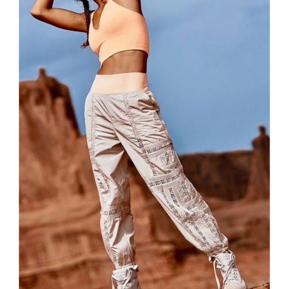 Free People Movement Oh Hey Applique Jogger Pants Crochet Lace Gray Peach - Picture 5 of 6